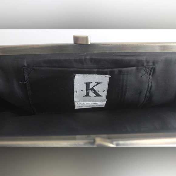 Vintage Matt Black Satin and Antiqued Brass Clutch with Chain, Evening Bag Retro - Picture 7 of 9